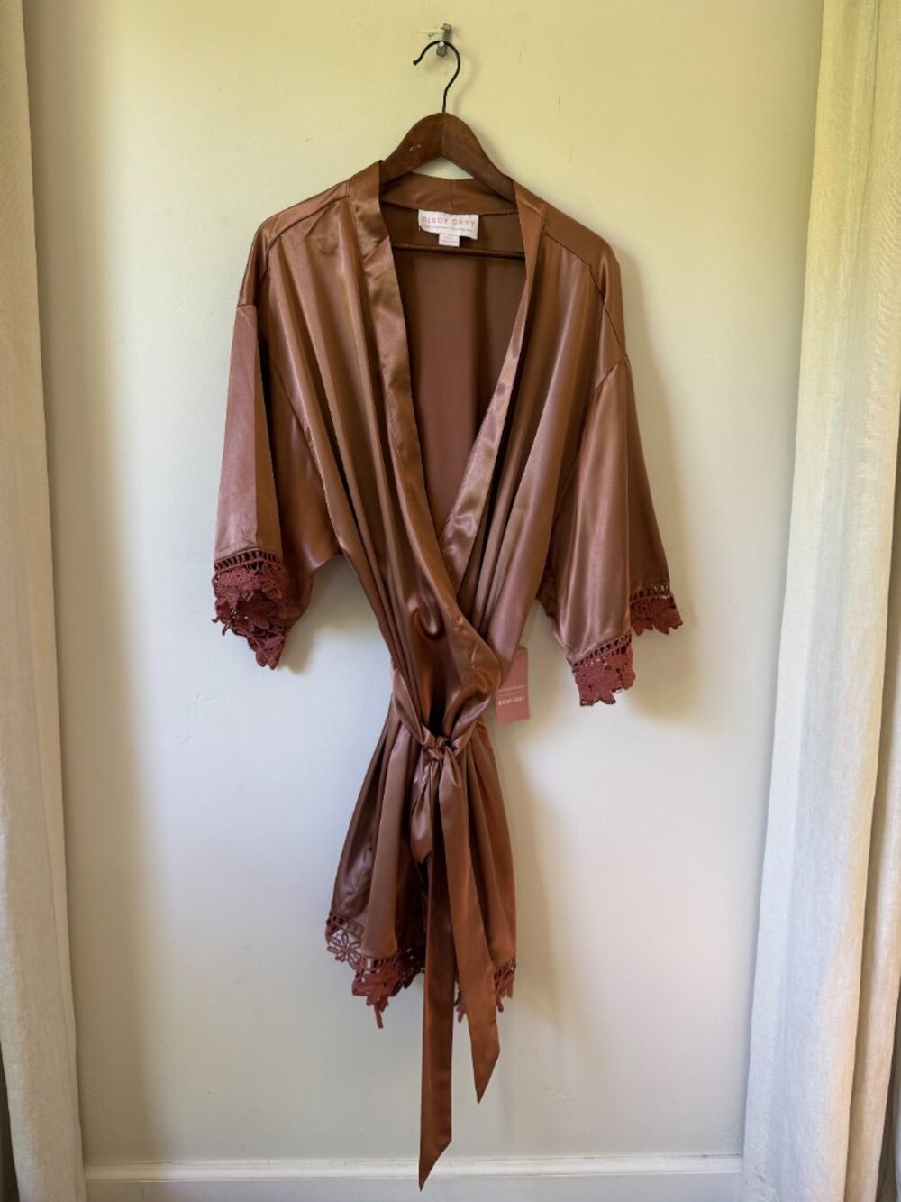 Birdy Grey Satin Robe in Dusty Rose Brown with Lace Trim